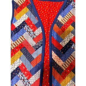 Vintage 1980 Jeanne Marc Red Floral Quilted Vest Patchwork Herringbone Pattern S